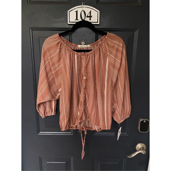 Liberty Love NWT Pink White Stripe Round Neck Blouse, Size Medium - Picture 2 of 10